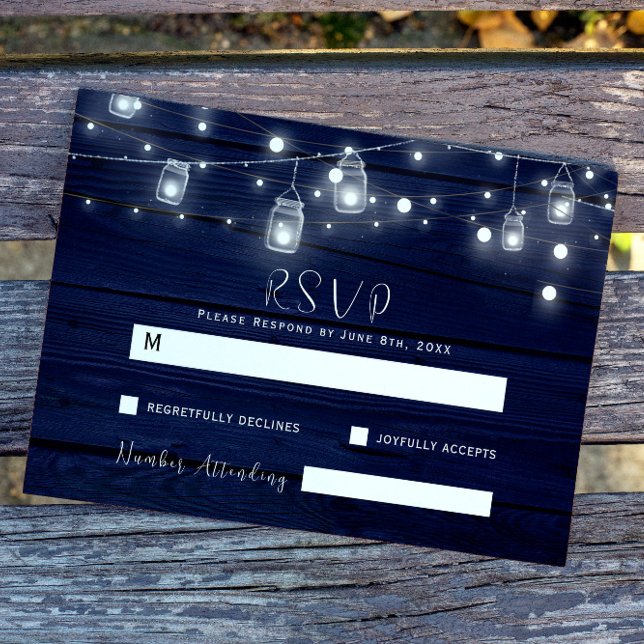 Rustic Navy Wood Mason Jars Lights Wedding RSVP (Creator Uploaded)