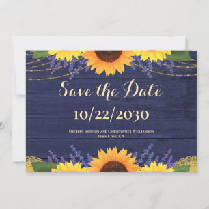 Rustic Navy Wood String Lights Sunflower Wedding Save The Date