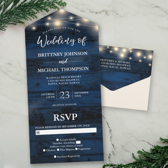 Rustic Navy Wood String Lights Wedding All In One Invitation (Creator Uploaded)