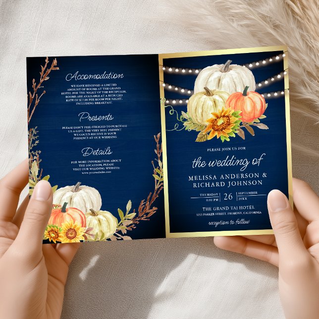 Rustic Navy Wood Sunflower Pumpkin QR Code Wedding Invitation (Creator Uploaded)