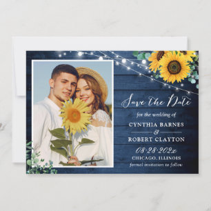 Rustic Navy Wood Sunflower String Lights Photo Save The Date