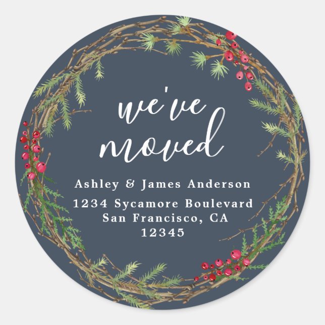 Rustic Navy Wreath We’ve Moved Address Classic Round Sticker (Front)