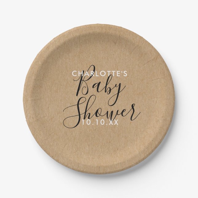 Rustic Neutral Baby Shower Elegant Script Paper Plate (Front)