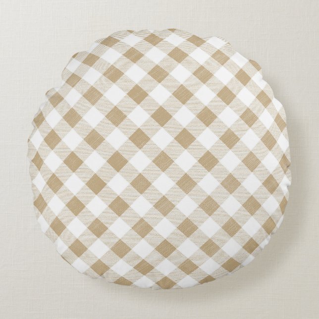 Rustic Neutral Beige Gingham Plaid Round Cushion (Front)