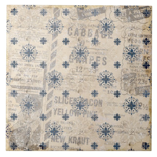 Rustic Neutral Blue Paper Print Ceramic Tile (Front)