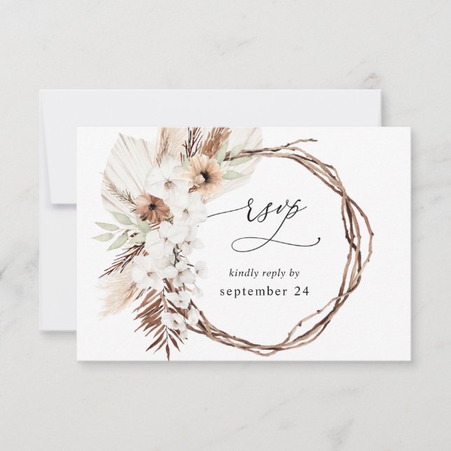 Rustic Neutral Boho Floral w Meal RSVP 3 Card (Front)