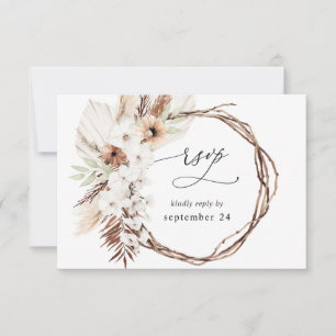 Rustic Neutral Boho Floral w Meal RSVP 3 Card