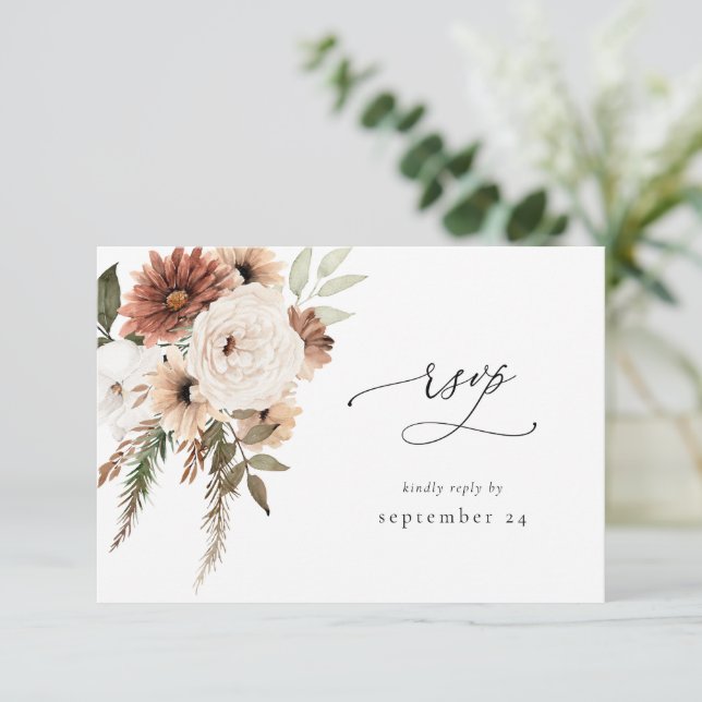 Rustic Neutral Boho Floral w Meal RSVP S2 Card (Standing Front)