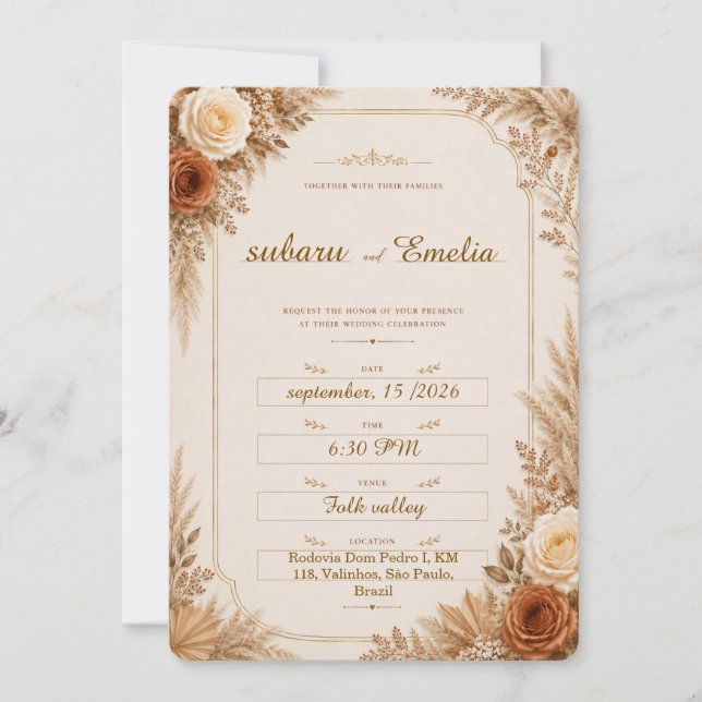 Rustic Neutral Boho Floral Wedding Invitation (Front)
