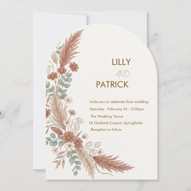Rustic Neutral Boho Floral Wedding Invitation (Front)