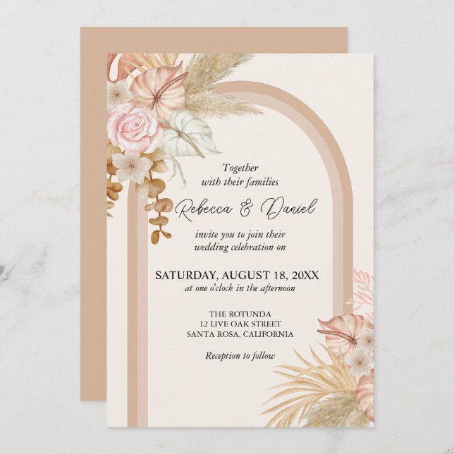 Rustic Neutral Boho Floral Wedding Invitation (Front/Back)