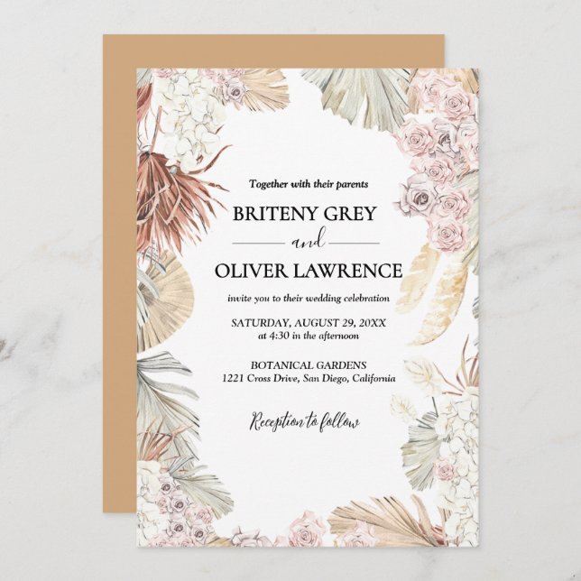 Rustic Neutral Boho Floral Wedding Invitation (Front/Back)