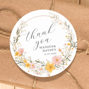 Rustic Neutral Boho Floral Wildflower Thank you Classic Round Sticker