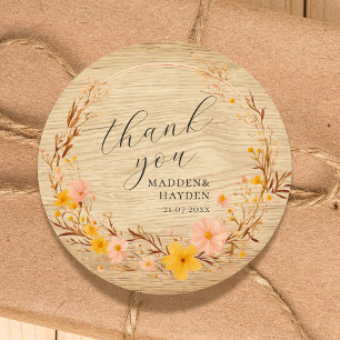 Rustic Neutral Boho Floral Wildflower Wood Look Classic Round Sticker