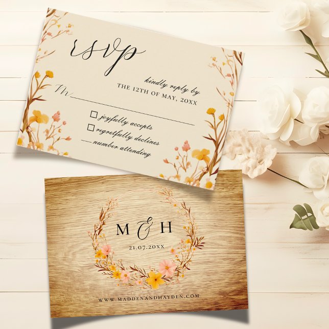 Rustic Neutral Boho Floral Wildflower Wood Look RSVP Card (Creator Uploaded)