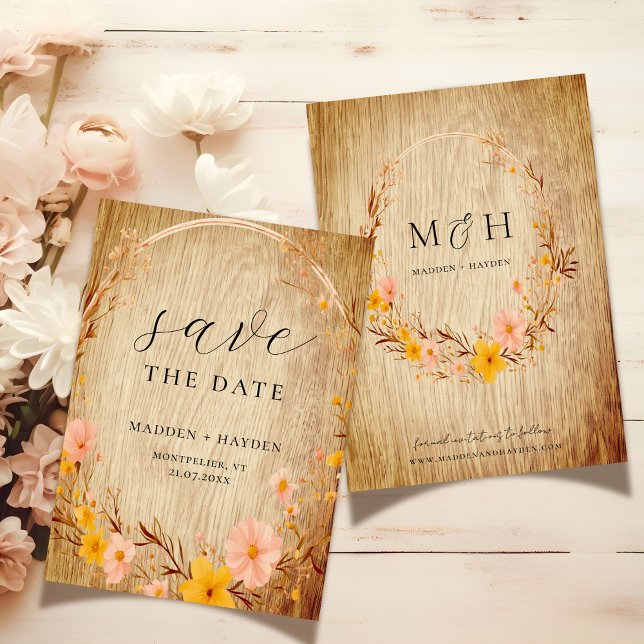 Rustic Neutral Boho Floral Wildflower Wood Look Save The Date (Creator Uploaded)