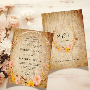 Rustic Neutral Boho Floral Wildflower Wood Wedding Invitation