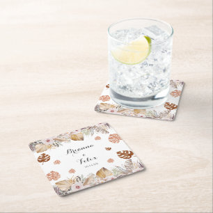 Rustic Neutral Boho Wedding Square Paper Coaster