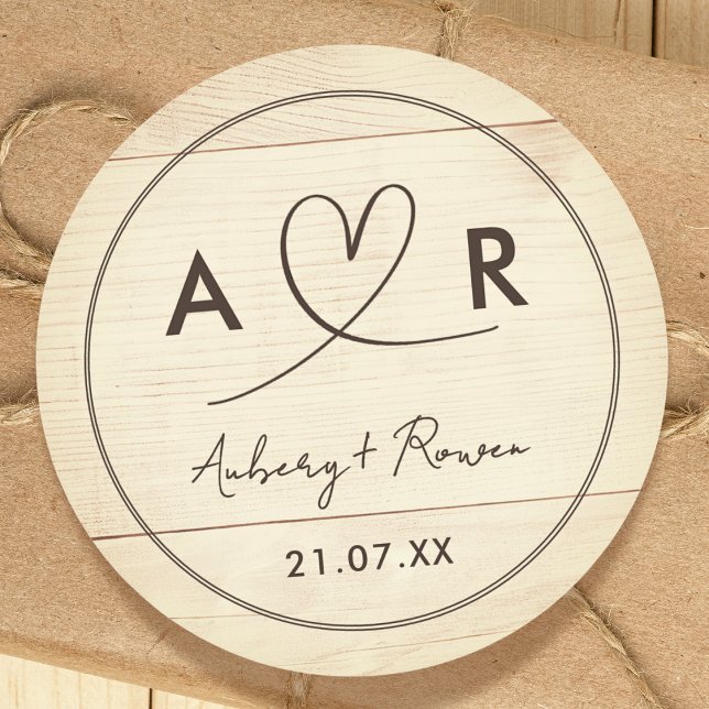 Rustic Neutral Boho Wood Look Cute Script Heart Classic Round Sticker (Creator Uploaded)