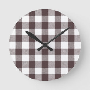 Rustic Neutral Brown White Gingham Buffalo Plaid Round Clock