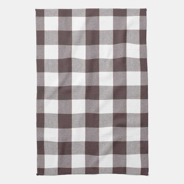 Rustic Neutral Brown White Gingham Buffalo Plaid  Tea Towel (Vertical)