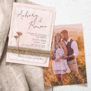 Rustic Neutral Burlap Eco Boho Blush Photo Wedding Invitation