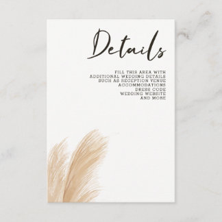 Rustic Neutral Earthy Boho Pampas Grass Wedding  Enclosure Card
