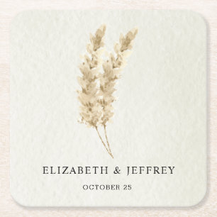 Rustic Neutral Earthy Boho Pampas Grass Wedding   Square Paper Coaster