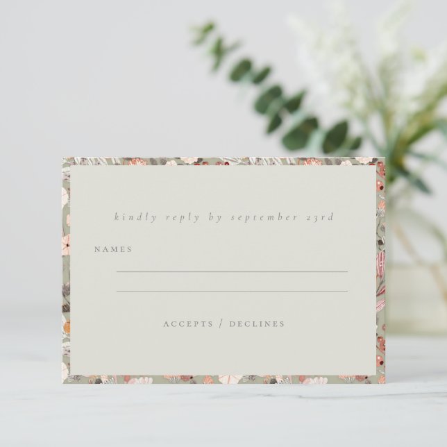 Rustic Neutral Earthy Floral Boho Minimal Wedding  RSVP Card (Standing Front)