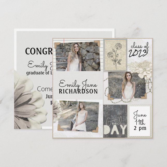 Rustic Neutral Ivory Floral Photo Graduation Girl Announcement (Front/Back)