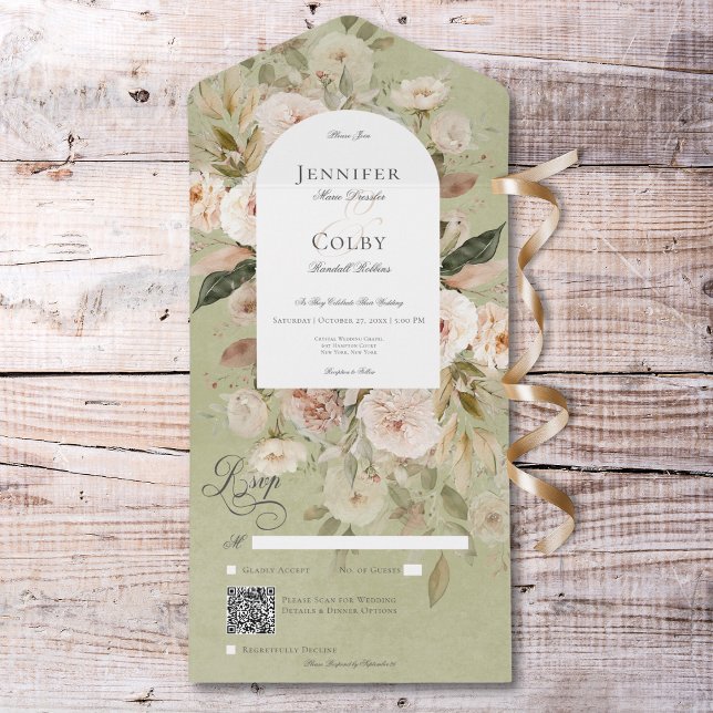 Rustic Neutral Tan & Green Floral Arch QR Code All In One Invitation (Rustic Neutral Tan & Green Floral Arch QR Code All In One Invitation)