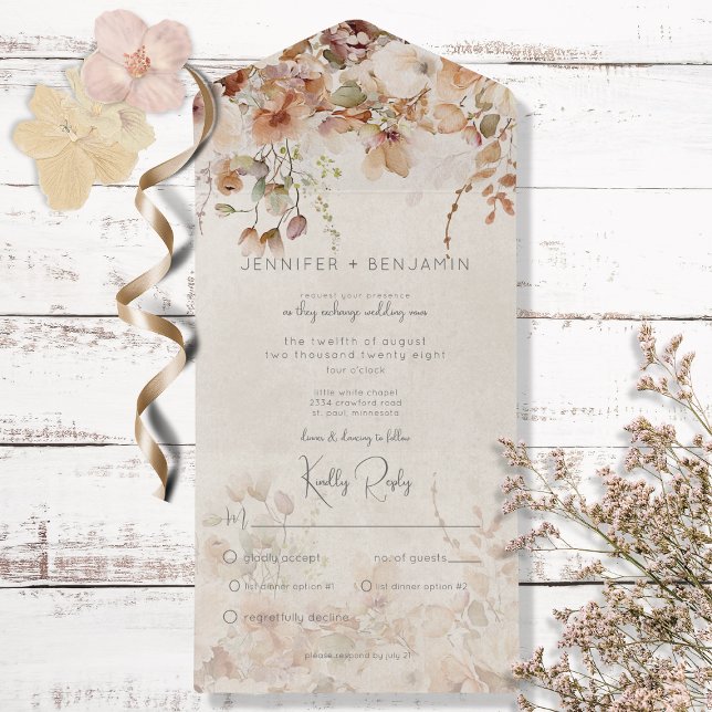 Rustic Neutral Tan Pink & Peach Floral Dinner All In One Invitation (Creator Uploaded)