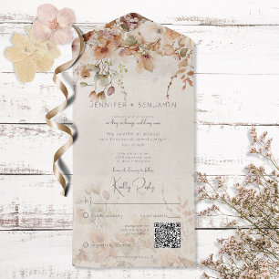 Rustic Neutral Tan Pink & Peach Floral QR Code All In One Invitation