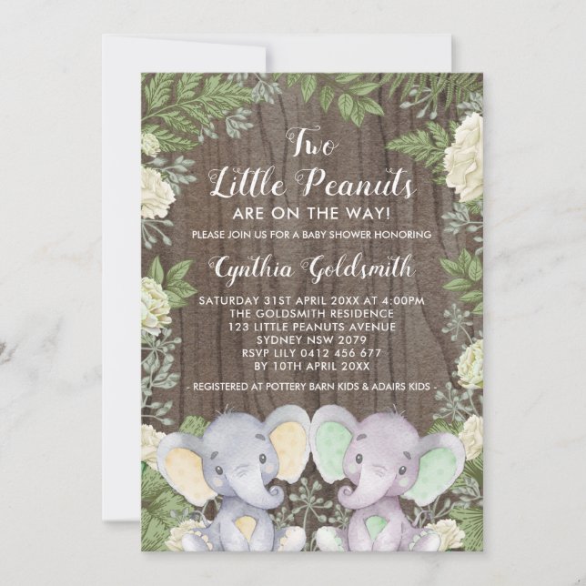Rustic Neutral Twin Elephants Greenery Baby Shower Invitation (Front)
