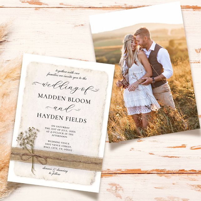 Rustic Neutral Twine Burlap Eco Boho Photo Wedding Invitation (Creator Uploaded)