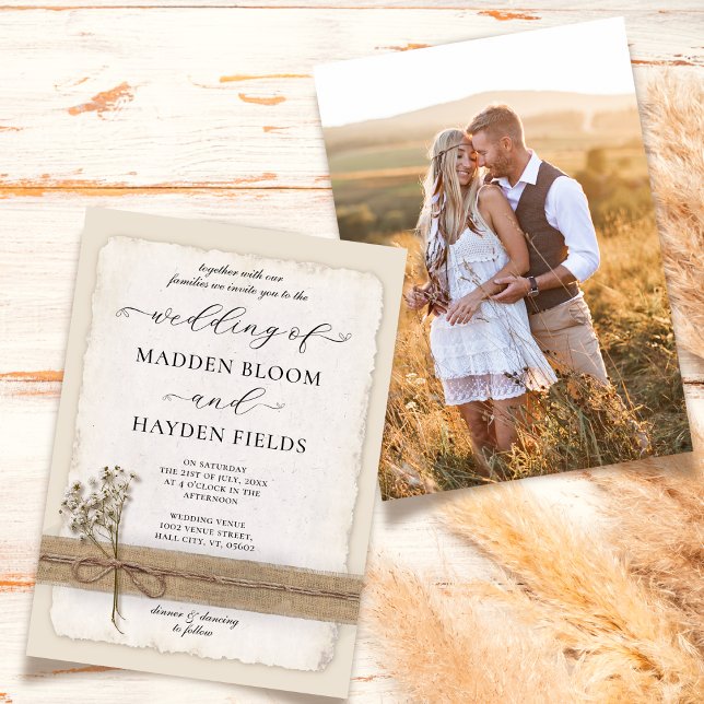 Rustic Neutral Twine Burlap Eco Boho Photo Wedding Invitation (Creator Uploaded)