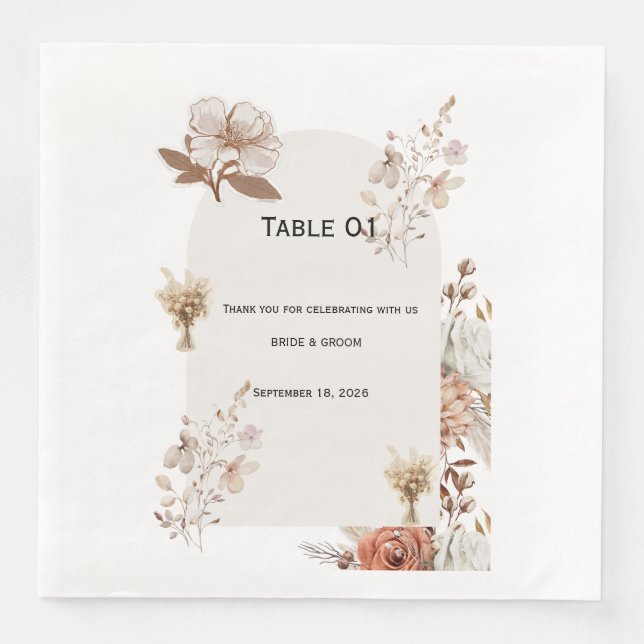 Rustic Neutral Wedding Table Numbers Napkin (Front)