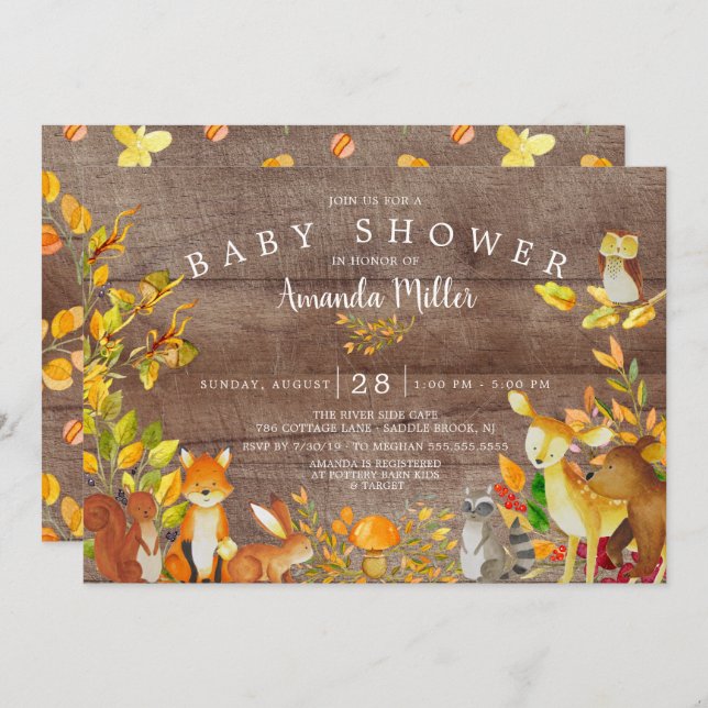 Rustic Neutral Woodland Forest Animals Baby Shower Invitation (Front/Back)
