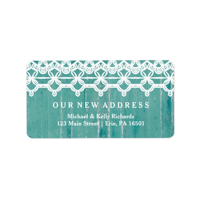 Rustic New Address Teal Wood Look with White Lace Label (Front)