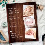 Rustic New Baby 3 Photo Birth Announcement Thank Y Postcard<br><div class="desc">Announce your new baby to friends and family with these rustic wood, fun and modern photo collage birth announcement cards. Customise with 3 of your favourite photos, and personalise with name, born date, birth stats. COPYRIGHT © 2020 Judy Burrows, Black Dog Art - All Rights Reserved. Rustic New Baby 3...</div>