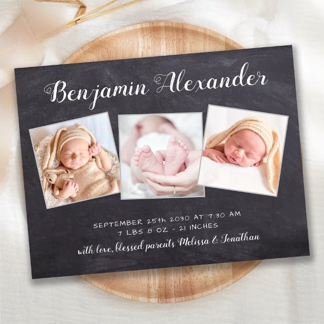 Rustic New Baby Chalkboard 3 Photo Birth Announcement Postcard (Creator Uploaded)