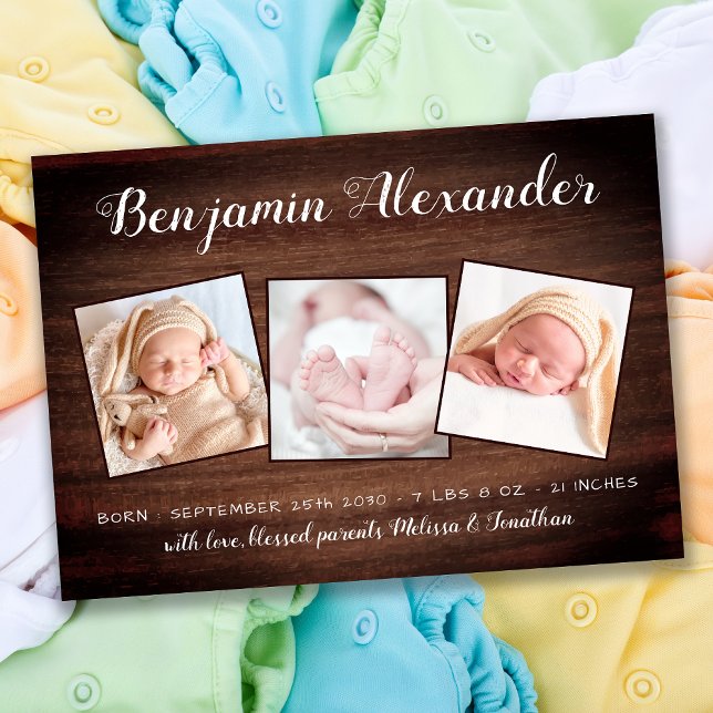 Rustic New Baby Country Wood 3 Photo Birth Announcement (Creator Uploaded)