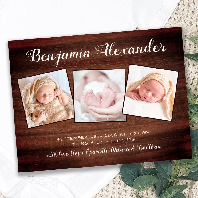 Rustic New Baby Country Wood 3 Photo Birth Announcement Postcard (Creator Uploaded)