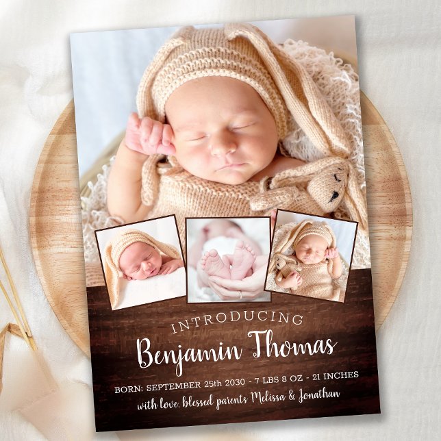 Rustic New Baby Personalised 4 Photo Collage Birth Announcement (Creator Uploaded)
