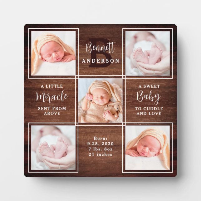 Rustic New Baby Personalised 5 Photo Collage      Plaque (Front)