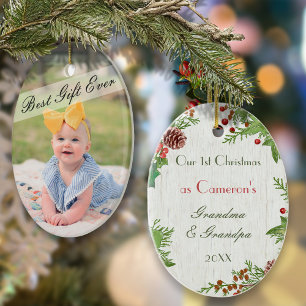 Rustic New Grandparents 1st Christmas Photo Ceramic Ornament