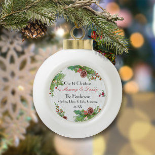 Rustic New Mum and Dad 1st Christmas Milestone Ceramic Ball Christmas Ornament