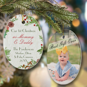 Rustic New Mum & Dad 1st Christmas Photo Ceramic Ornament