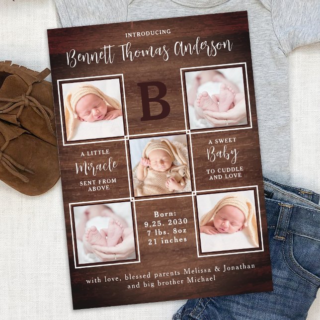Rustic Newborn Baby Personalised 5 Photo Birth Announcement (Creator Uploaded)