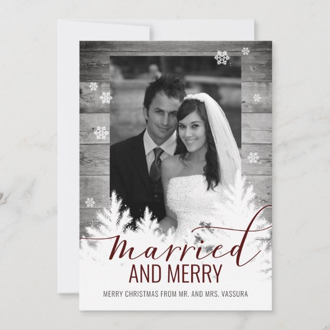 Rustic Newlywed Photo Married and Merry Holiday Card (Front)